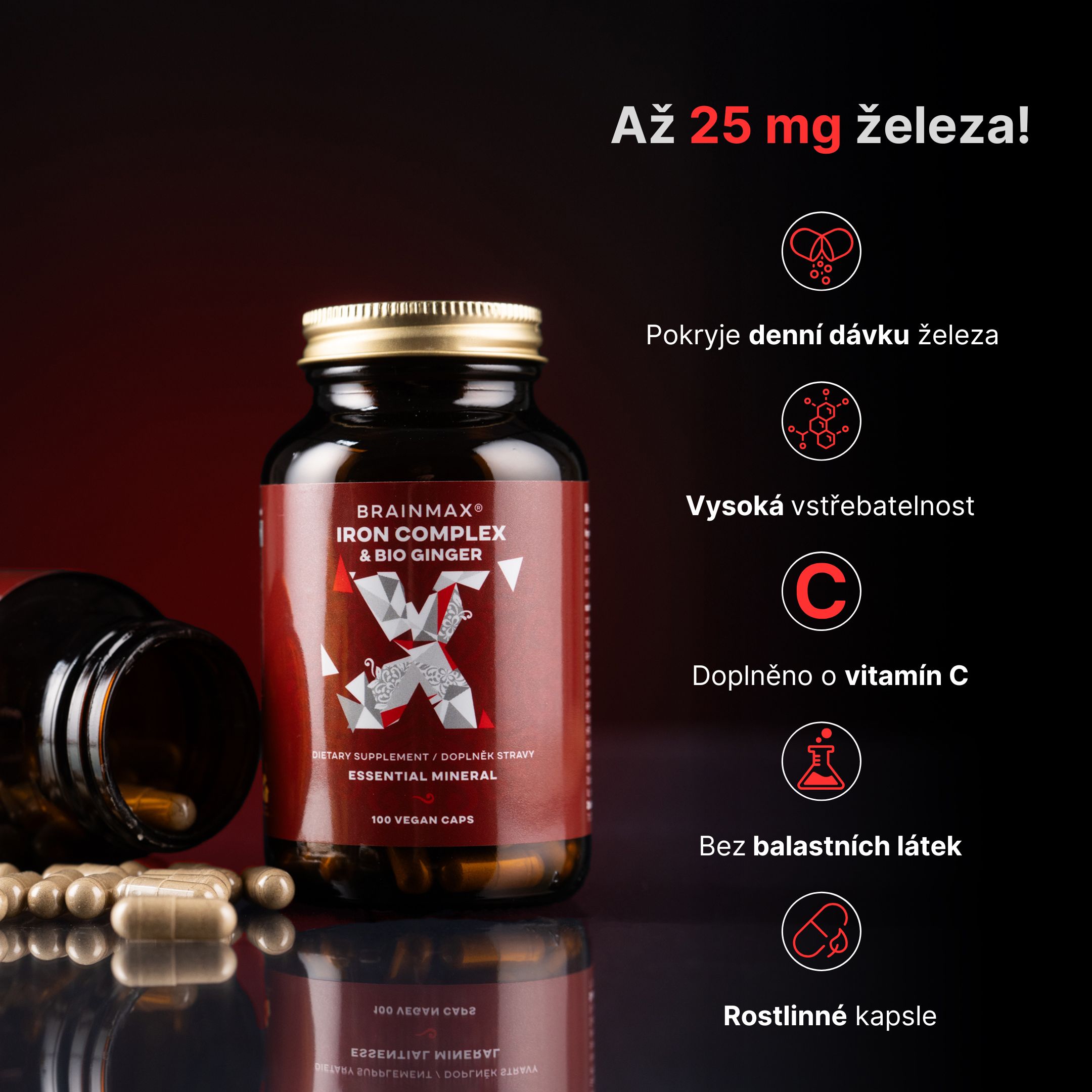 zazvor BrainMax Iron Complex, železo bisglycinát, 25 mg, 100 rostlinných kapslí